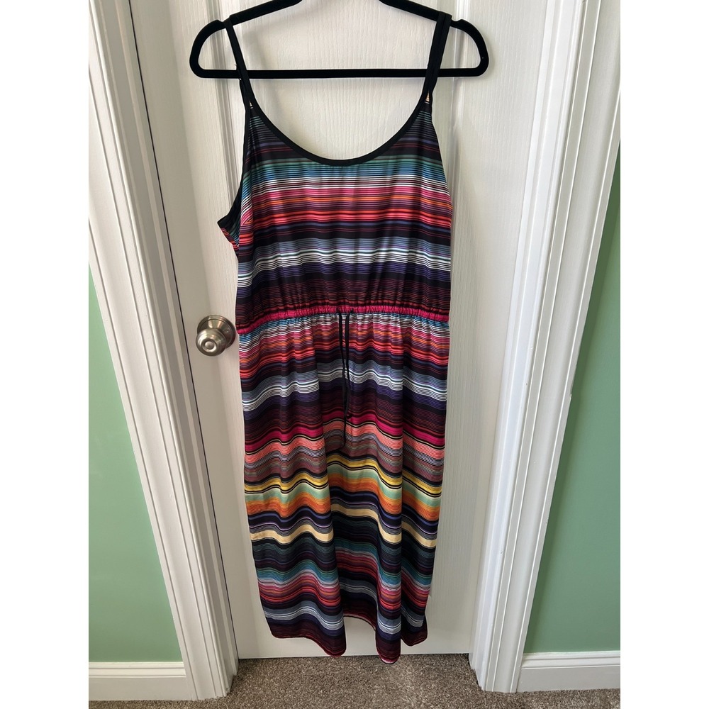 Athleta Havana Midi Black Rainbow Striped Dress Women's Size XL
